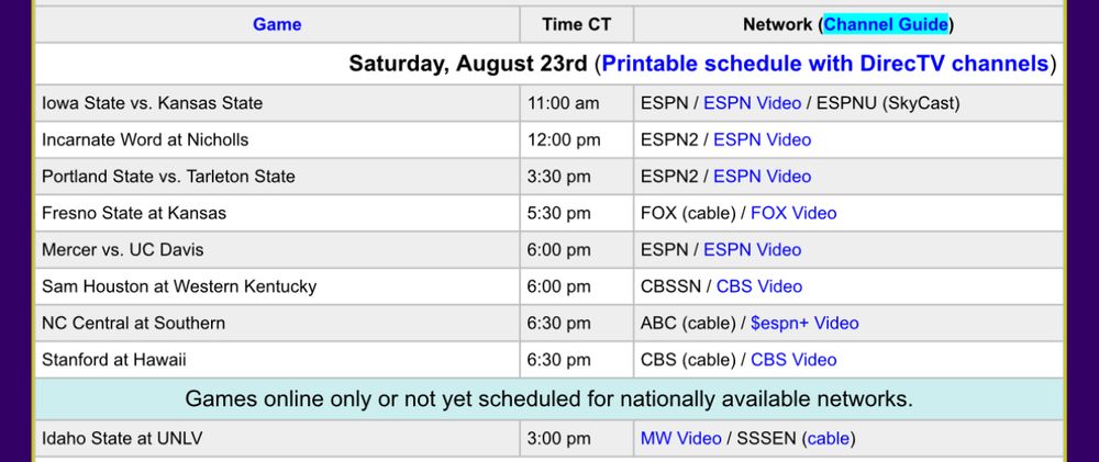 Week Zero NCAA football TV listings schedule from lsufootball.net/tvschedule.htm