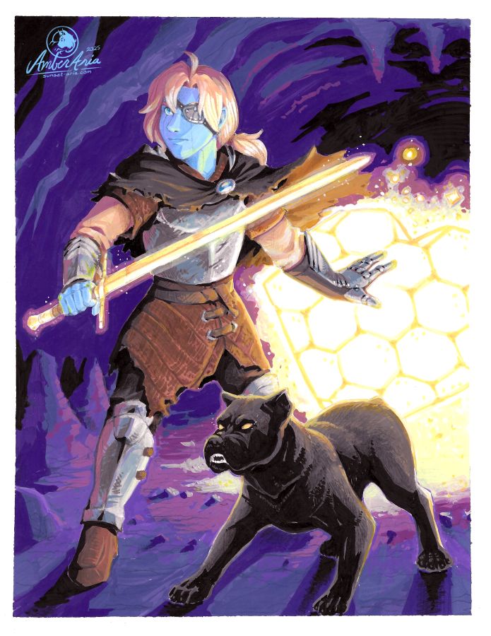 A blue-skinned bio-mechanoid knight in tattered armor stands firm and ready to fight alongside his snarling Cane Corso companion. His bright golden magic takes the form of a bastard sword in his left hand, and a large heart-shaped shield barrier that he's projecting behind him to protect someone, who can't be seen past the golden glow filling the tunnel behind him. 