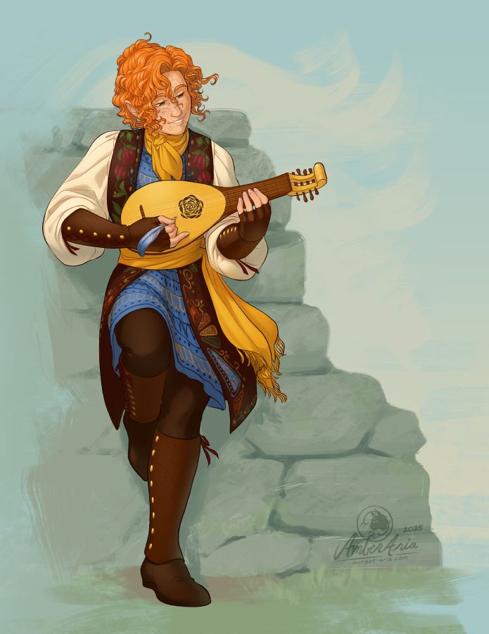 A beautiful man in colourfully embroidered bardic clothing leans against the remnants of a stone wall as he happily plays his gittern with a feather pick. He has striking head of curly red-orange hair, and a face kissed everywhere by freckles. 
