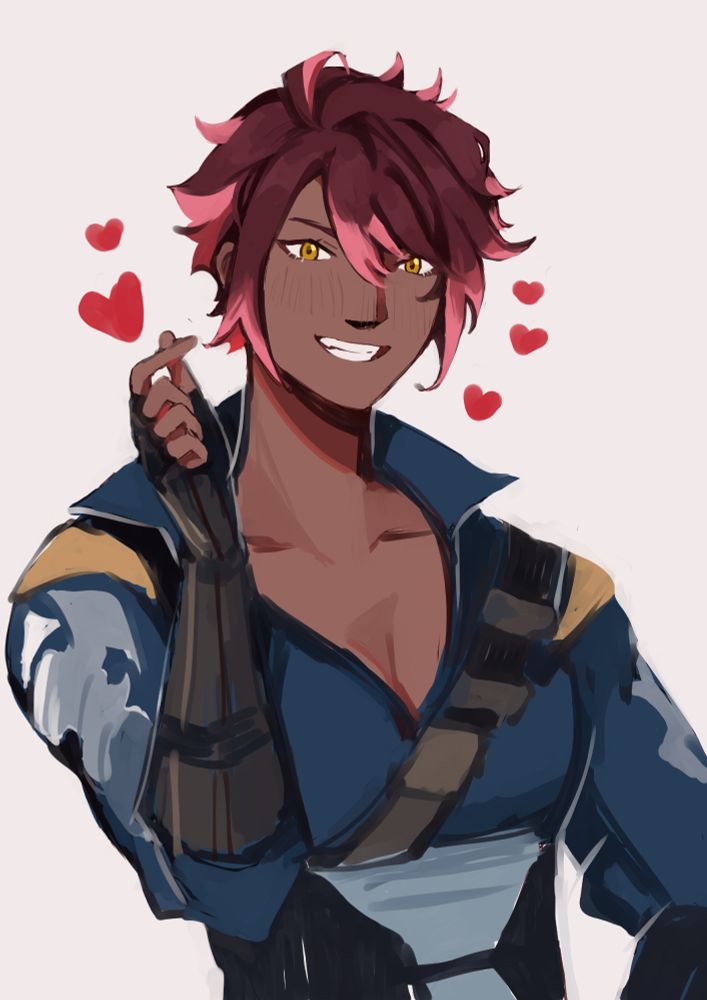 A big red woman in big blue smithing gear from a time when a hero was tasked to free two different groups of peoples.