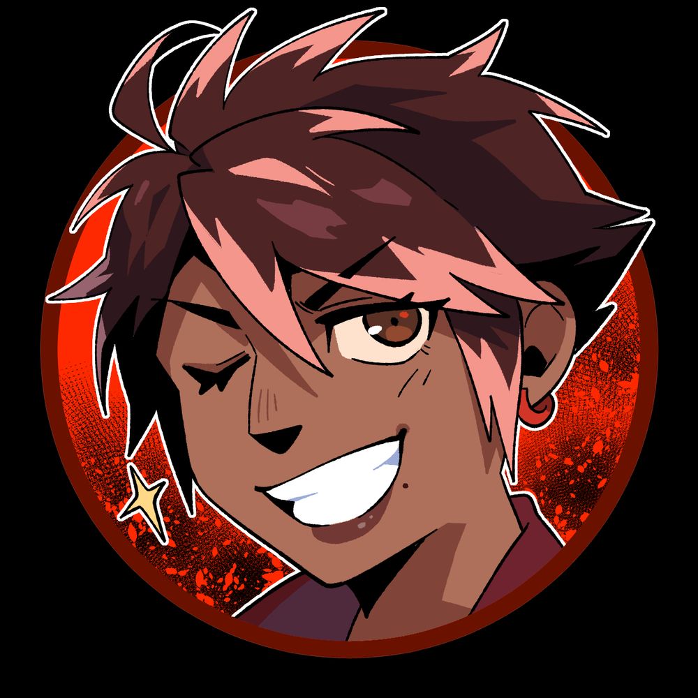A circle headshot of the big red woman. Art by @seiryuuden.bsky.social