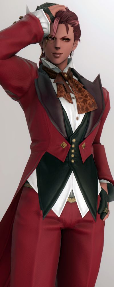 A big red woman in a big red and, for now, exclusive tailored suit.