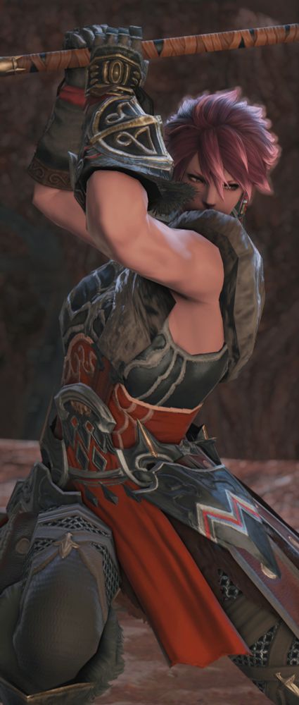 A big red woman in warrior gear winds up for a swing of her axe.