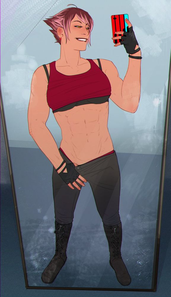 A big red woman is attempting a thirst trap by showing you her abs in a mirror selfie. Art by @hafrun.bsky.social