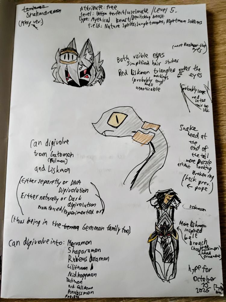 The upcoming new concepts and changes for Shahmaramon, making it have a little bit of Liskmon (from Digimon Alysion)

(Congrats if you can read the text on the art)