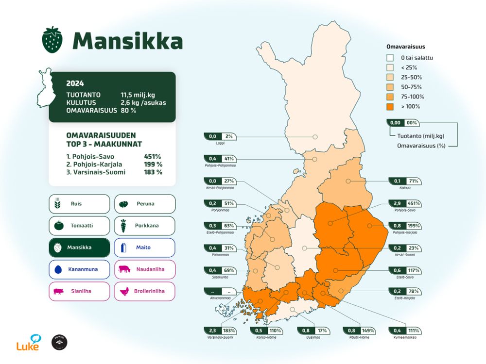 Karttainfograafi, jossa esitetään mansikan omavaraisuus eri maakunnissa. Tilastotiedot ovat vuodelta 2024.