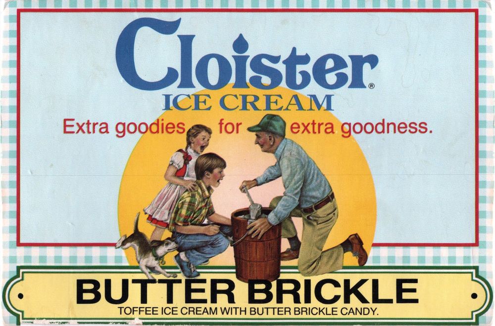 Photo of Cloister (an Ephrata, PA USA company) ice cream box panel, taken from the 1980s. Illustration of young boy and girl with playful puppy happily watching an older man churning ice cream in a wooden bucket.
