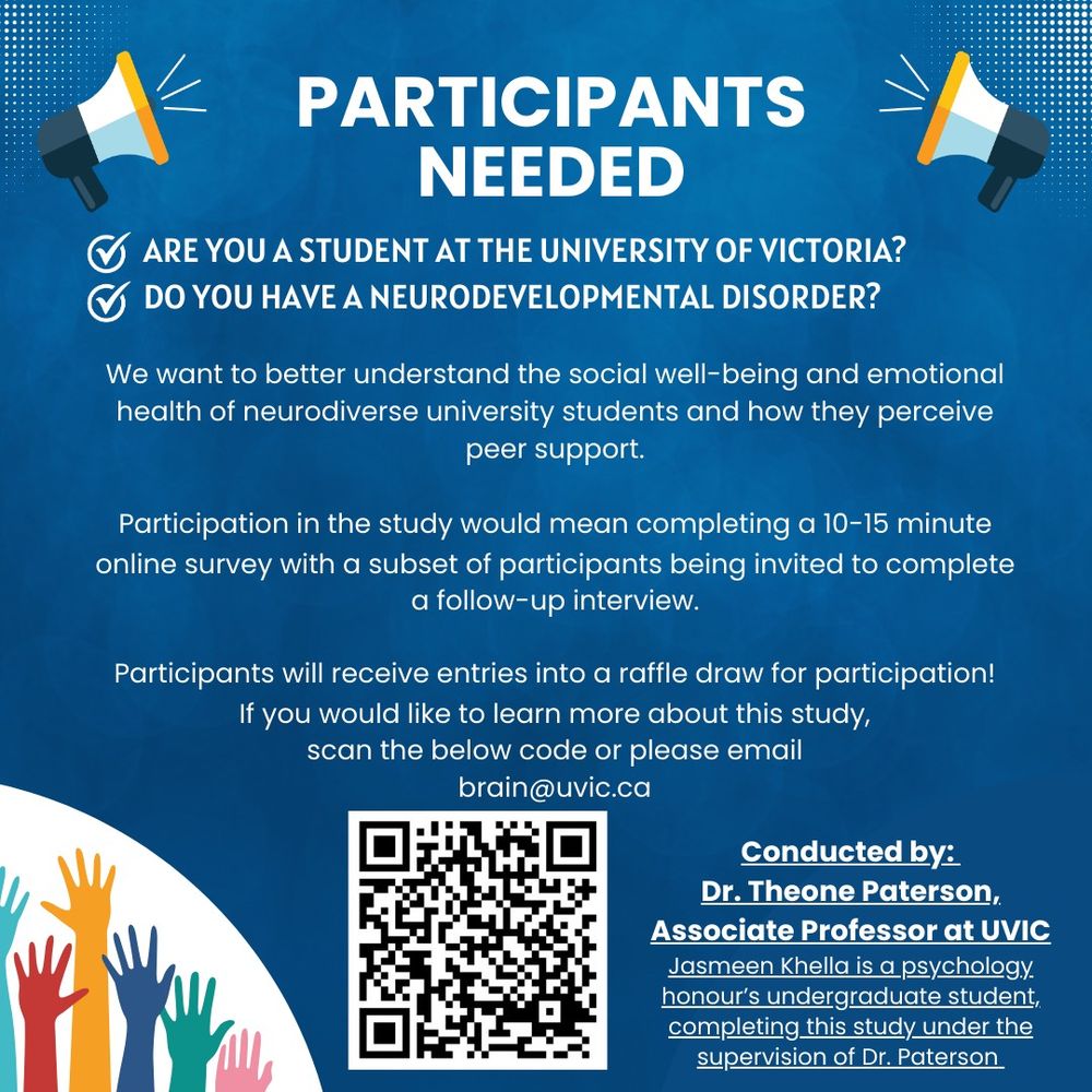 Participants needed.

Are you a student at Uvic who has a neurodevelopmental disorder? Please consider participating.

We want to better understand the social well-being and emotional health of neurodiverse university students and how they perceive peer support.

Participation in the study would mean completing a 10-15 minute online survey with a subset of participants being invited to complete a follow-up interview.

Participants will receive entries into a raffle draw for participation! If you would like to learn more about this study, scan the QR code in the post or email brain@uvic.ca! 

Conducted by: Dr. Theone Paterson, Associate Professor at UVIC. Jasmeen Khella is a psychology honour's undergraduate student completing this study under the supervision of Dr. Paterson. 