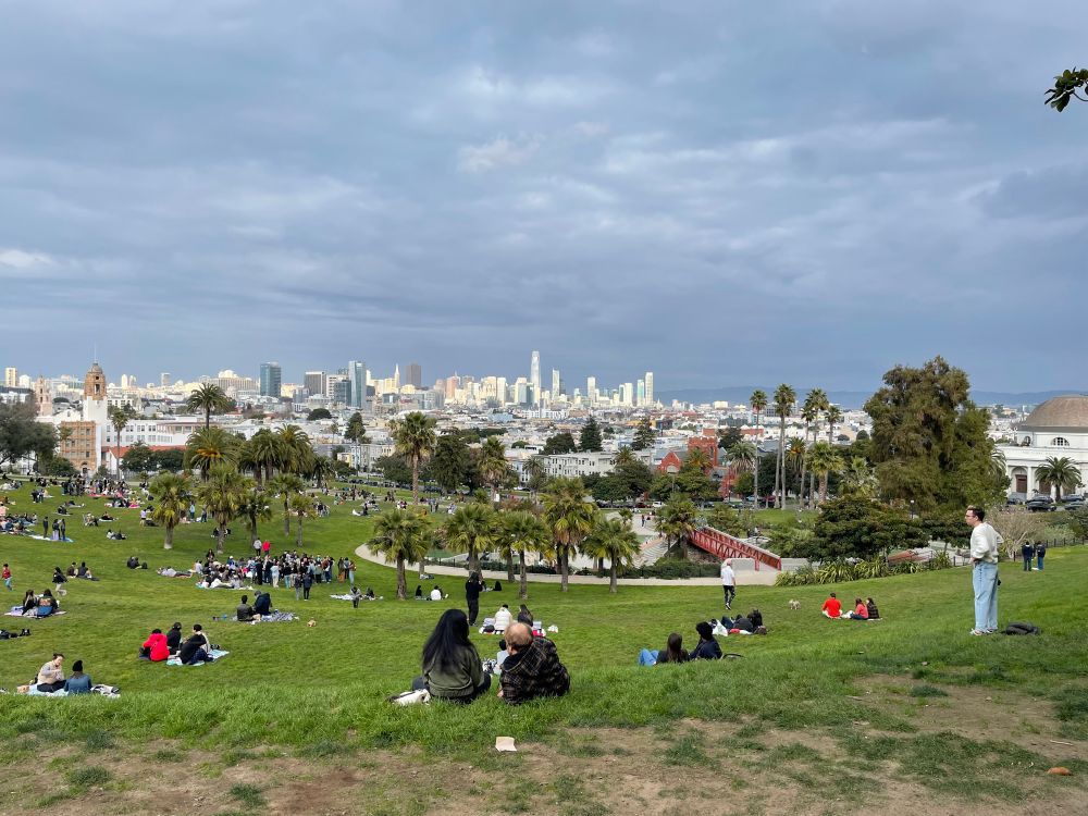 A photo of Dolores Park, people laying in the grass and the San Francisco city skyline in the background 