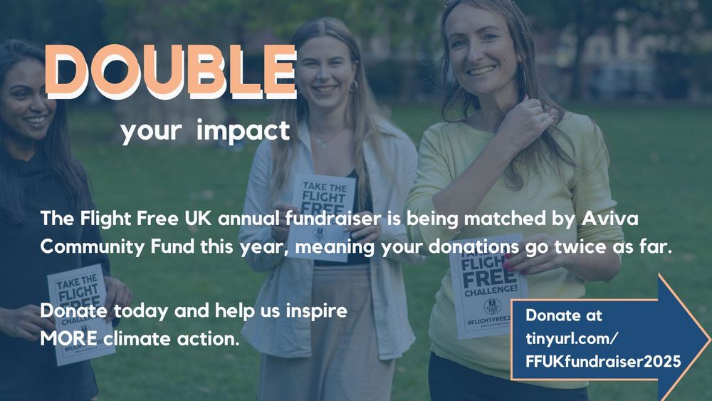Image of people smiling. Text says, double your impact. The Flight Free UK annual fundraiser is being matched by Aviva Community Fund this year, meaning your donations go twice as far.