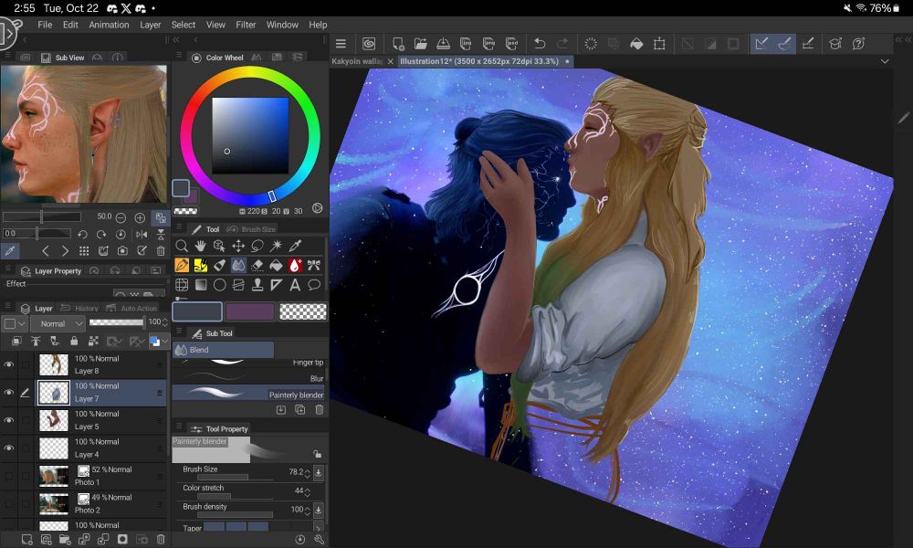 Screenshot from Clip Studio Paint with a digital painting depicting Gale Dekarios from Baldur's Gate 3 and Tav (named here Aurorus)

Gale is in his God form, the God of Ambition. Gale resembles a shadow, with only the light of the starry realm (the astral realm looks like a galaxy, with shades of blues, whites, purples, and teals, with stars scattered throughout) in the background illuminating his hair and parts of his robes. His eyes glow white, as well as lightning-shaped cracks on his face. The netherese orb marking on his chest is also drawn as glowing.

Aurorus is drawn here with long, blonde hair, with a slight wavy texture. His hair is half down, half up in a ponytail with green at the tip of the finished parts of hair. The ponytail is untextured, and ubrendered, and the bottoms of his hair in the back are not yet green. He wears a loose-fitting white shirt that is also fairly unfinished with the lower half of the shirt only having shading blocked in and not rendered in fabric folds. Aurorus' pants are not yet colored in, but are sketched in with brown outlines.

Aurorus has green eyeliner and a white tree of life tattoo on his face, sprouting up from his neck to his lower lip, and then from the bridge of his nose to outstretching over his forehead and around his eyebrows.

Aurorus has his eyes closed, tenderly kissing the Godly shadow of Gale, his lover. 
