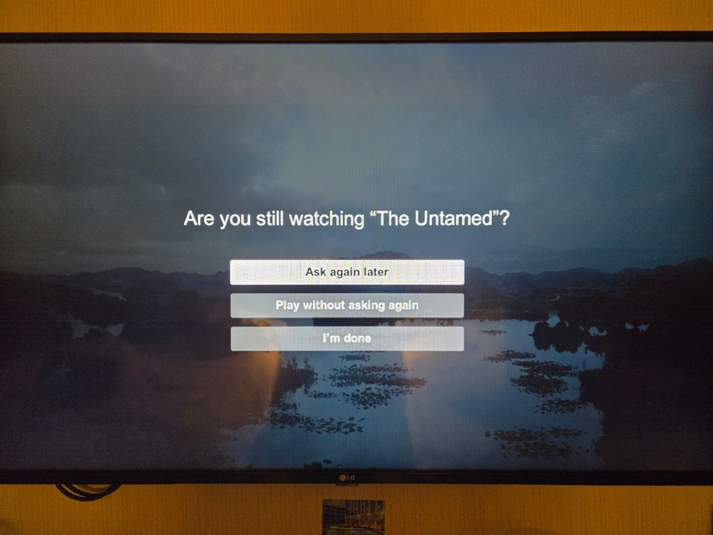 A hotel tv in Atlanta with the message "Are you still watching "The Untamed?"