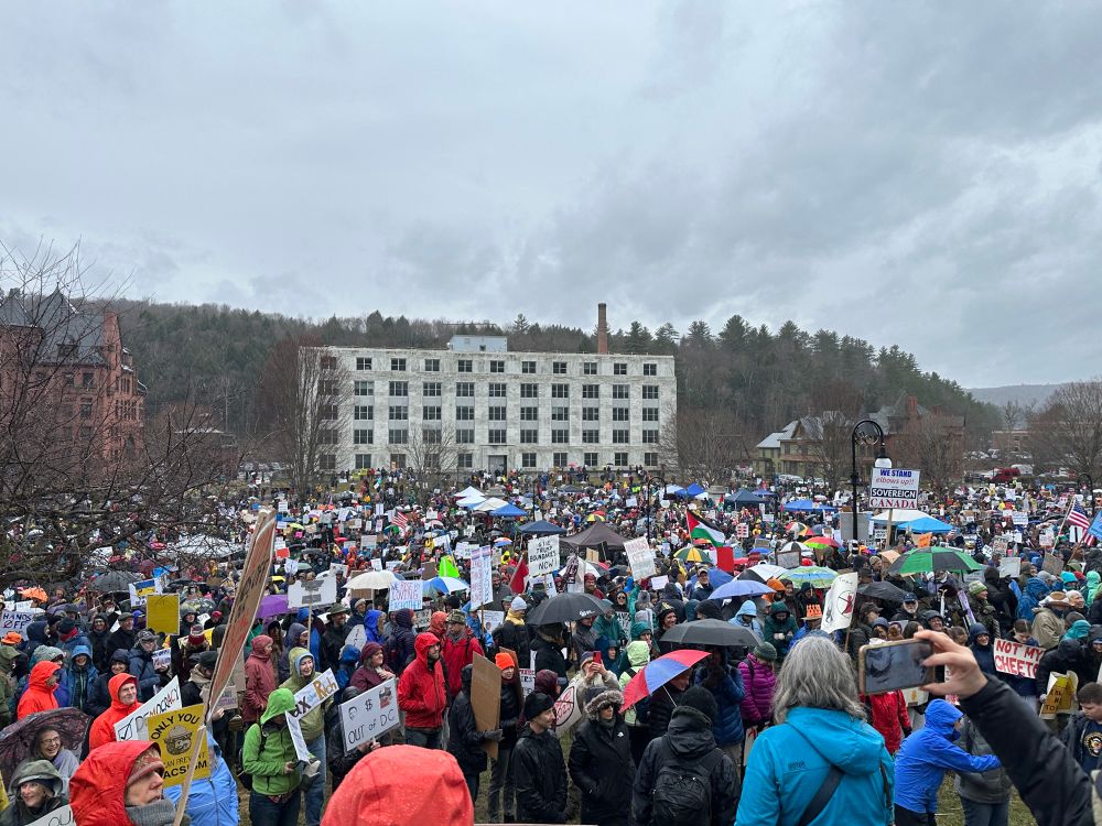 Looking down on a crowd from a small hill. Onto the Vermont State House lawn. Lots of umbrellas and colorful raincoats. Hard to read any signs but there is one in support of sovereign Canada. The whole lawn is full, a few thousand people. It’s grey and the trees are still bare. Across the street is a 5 story cream colored early 20th century office building. More interesting Victorian-ish buildings to the sides.  Behind are low, tree covered hills. 