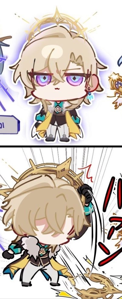 Chibi Aventurine looking up at the halo buff above his head then throwing it down to the ground with the intensity of a Spanish mom throwing a chancla.