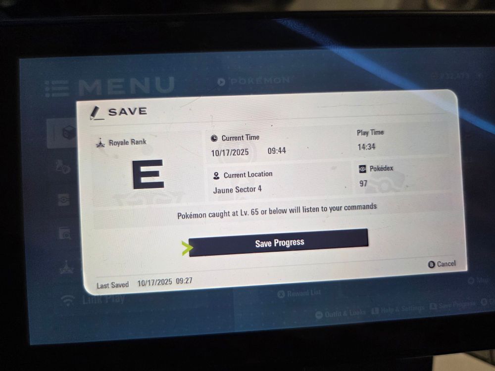 Pokemon ZA save screen showing playtime of 14:34