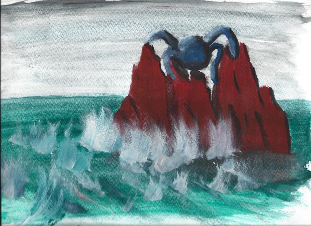 A blue tentacle creature is standing on rocks sticking out of the water. the waves are crashing against them 