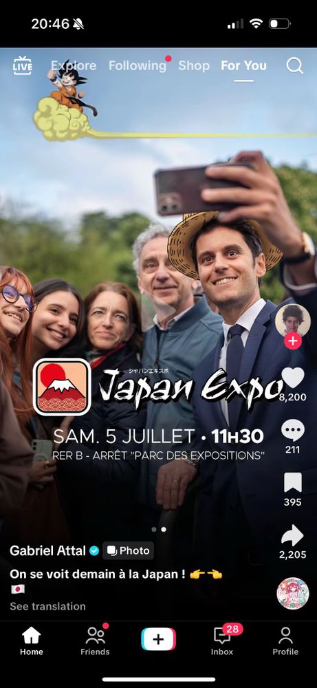 Screenshot du dernier TikTok de Gabriel Attal, annonçant sa venue à Japan Expo le samedi à 11h30 avec un montage bien cringe pour parler aux otak dépolitisés.