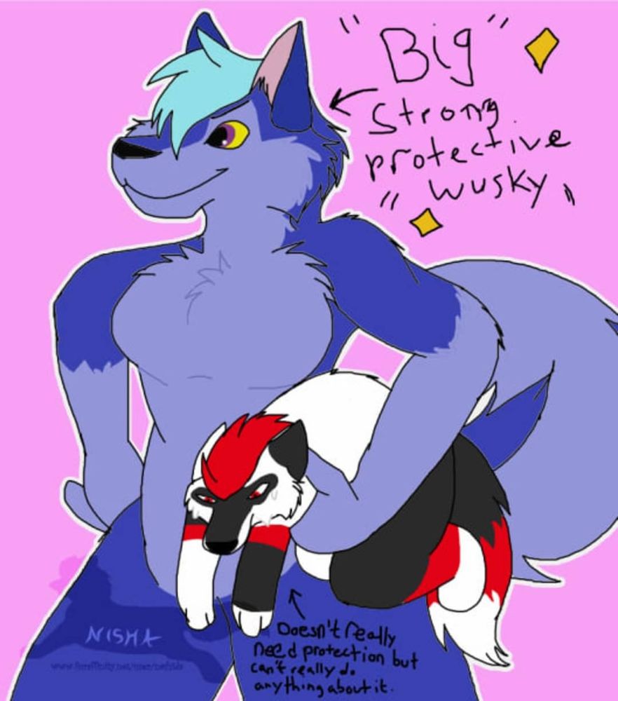 A giant Nisha cradles a small Blade under her arm. She looks confident and proud while Blade looks befuddled and set back by how small he now is. Text near Nisha reads Big Strong Protective Wusky, text near Blade reads Doesn't Really Need Protection But Can't Really Do Anything About It