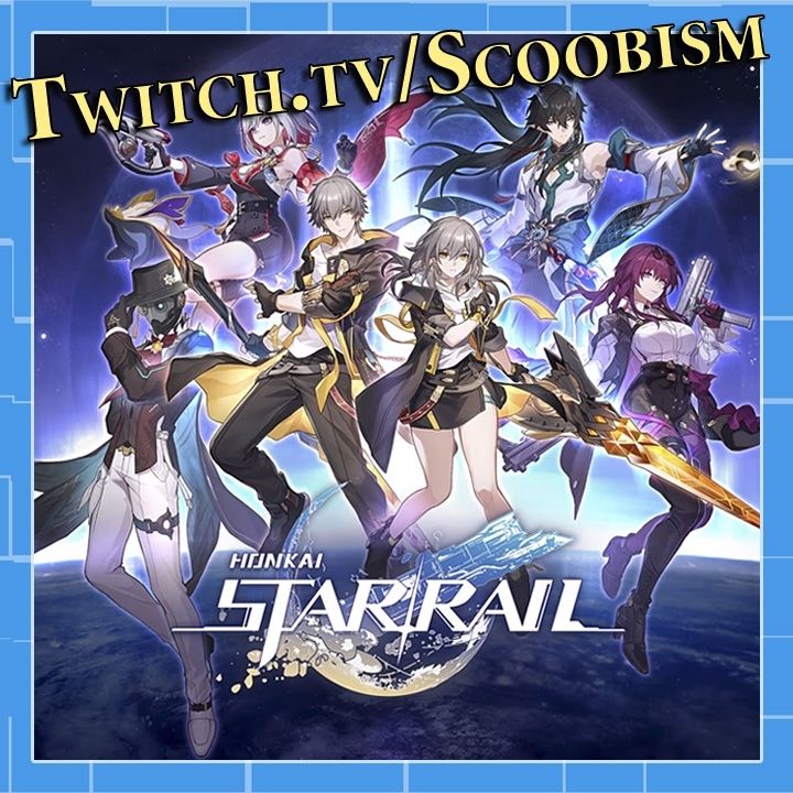 Image of Honkai Star Rail characters. Two protagonists with gray hair and black and yellow outfits along with other characters they meet during their travels.