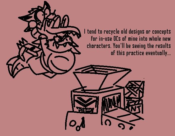 A doodle of a determined sona Flare about to slam-dunk the original 2017 design for Flare into the Vicarious Visions-branded machine from the intro of Crash Bandicoot N-Sane Trilogy.

Text reads:
"I tend to recycle old designs or concepts for in-use OCs of mine into whole new characters. You'll be seeing the results of this practice eventually..."