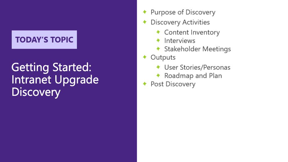 Screenshot with a purple background on the left side with today's topic written and a white background on the right side with brief bullets of what will be discussed.