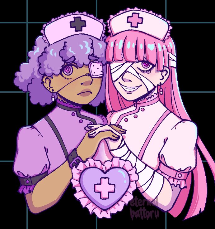 Digital drawing of two girls holding hands and wearing frilly nurse attire. The one on the left wears purple and the one on the right wears pink.