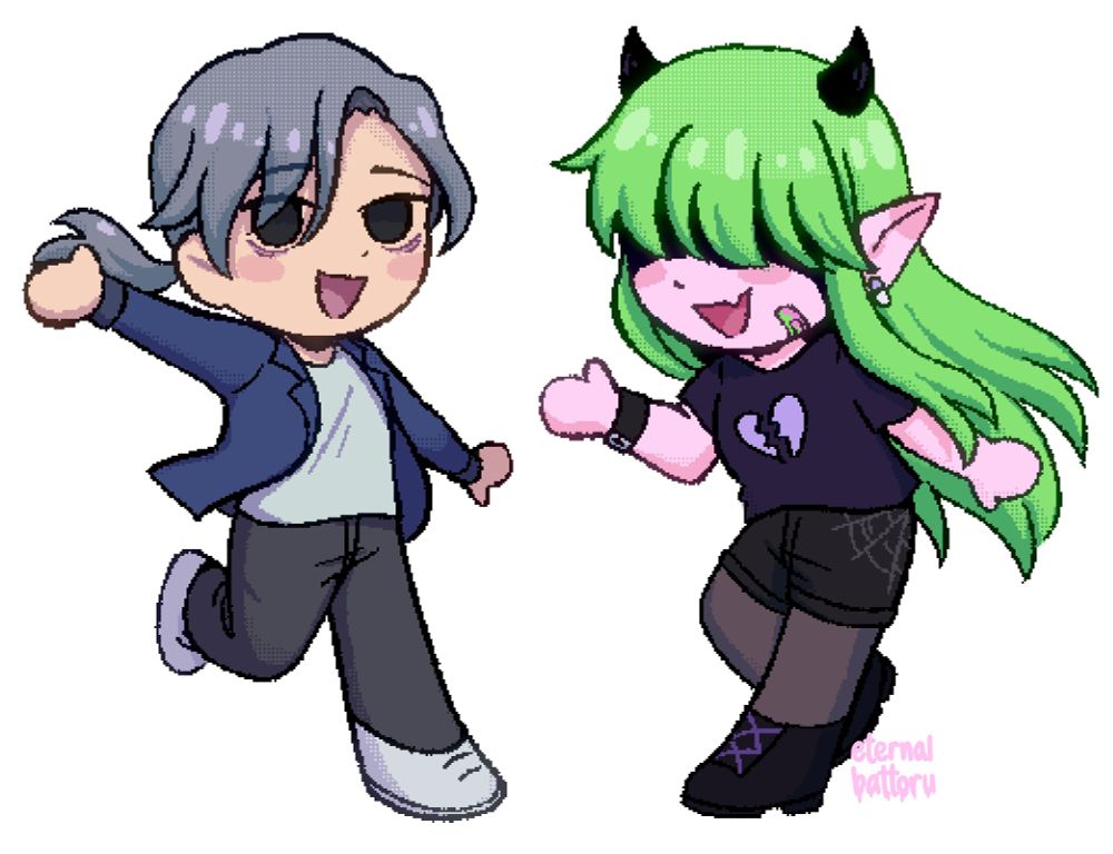 digital chibi drawings of two people in a welcoming pose. the one on the left is a normal human with grey hair and the one on the right is a demon person with long green hair and small horns. 