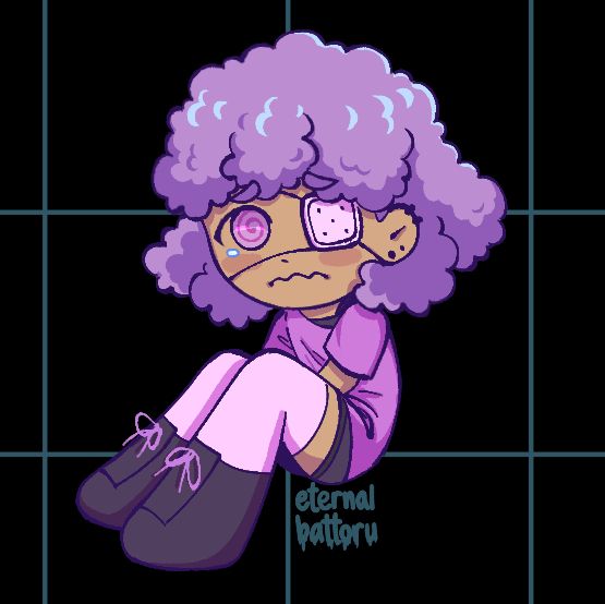 Digital chibi drawing of a girl with tan skin, fluffy purple hair, an eyepatch over her left eye, and wearing entirely purple. She is sitting on the ground and looking sadly at the viewer.