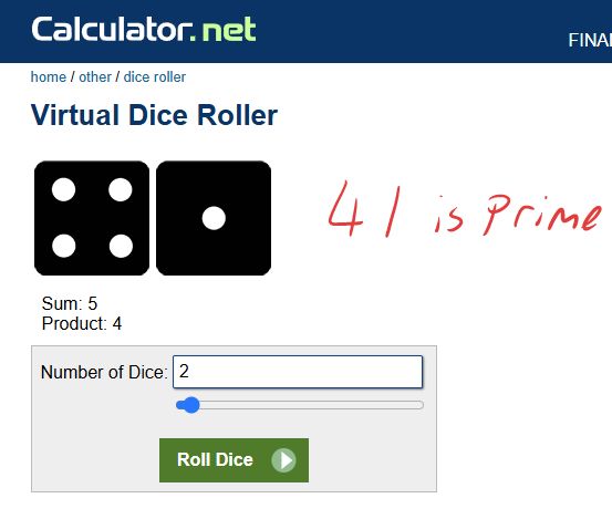 Screenshot of calculator.net showing 2 dice concatenated to read 41, which is prime