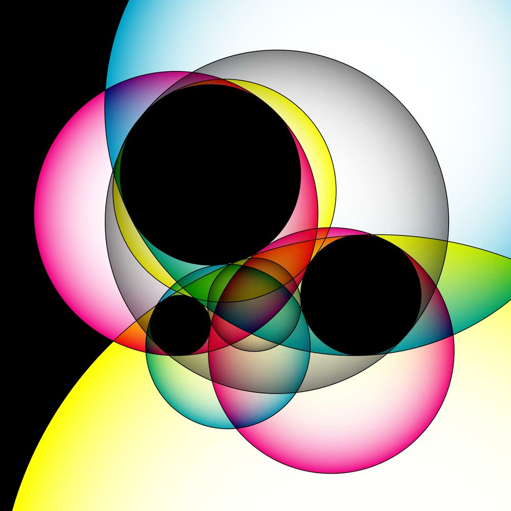 Four complementary pairs of solutions to Apollonius's problem; the given circles are black.