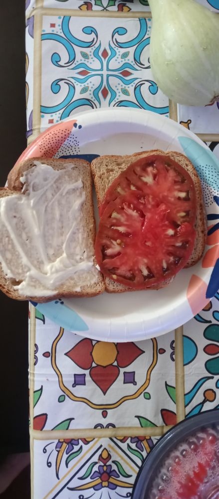 Cherokee Purple tomato sclices on toast with mayonnaise
