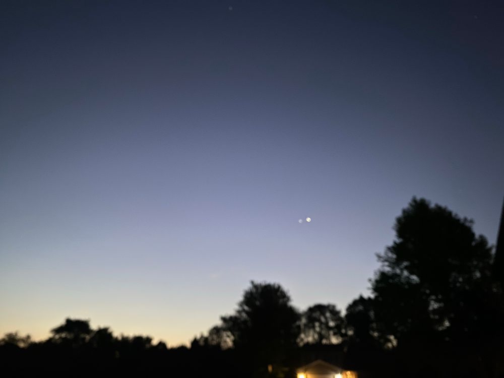 The sky at sunrise, with a gradient of clots from light yellow at the horizon up into blue at the top. Two small white stars are visible in the middle, with black silhouettes of trees in the foreground.
