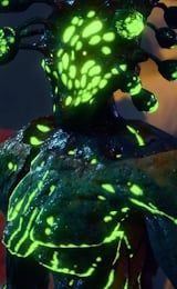 A screenshot from the fantasy video game Baldur's Gate 3. It shows a myconid, a mushroom person. They have slick, black flesh covered in bioluminescent green fungi.