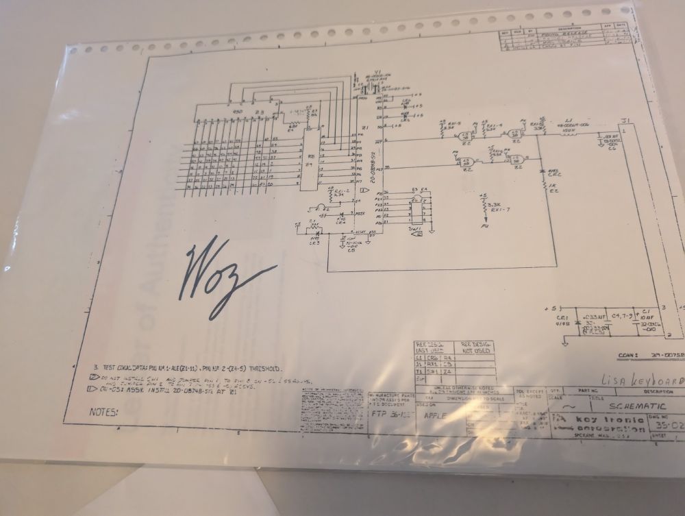 Original Apple Computer prototype schematic outlining the electronic and mechanical design of the keyboard used with the Apple Lisa computer, one page, 16.5 x 11.75, signed in black felt tip by Apple co-founder Steve Wozniak, “Woz.” The sheet, entitled “Schematic,” and annotated in ballpoint, “Lisa Keyboard,” is identified as Drawing No. 35-02593, with the upper right key describing the sheet as “Proto Release.” In fine condition.