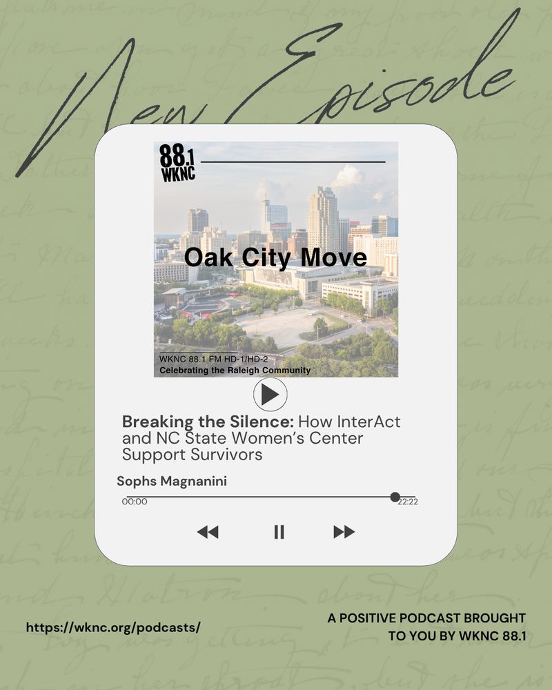 Digital illustration designed to resemble a music player interface. The central square displays the podcast “Oak City Move,” and the text reads "Breaking the Silence: How InterAct and NC State Women’s Center Support Survivors." 