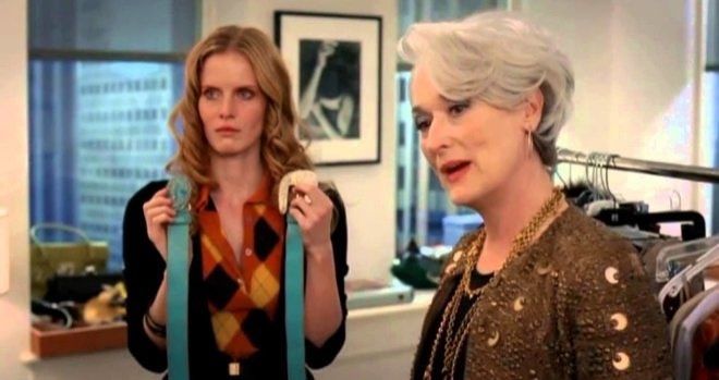 Meryl Streep as Miranda Priestly in the iconic scene of The Devil Wears Prada where the assistant shows two similar looking turquoise belts