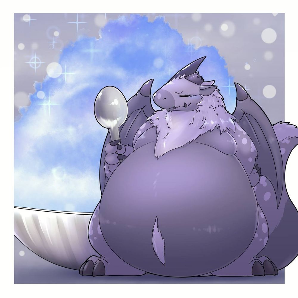 Frost standing confidently by a giant blue vanilla shave ice that stands taller than they are.
giant spoon in claw, ready to start. 