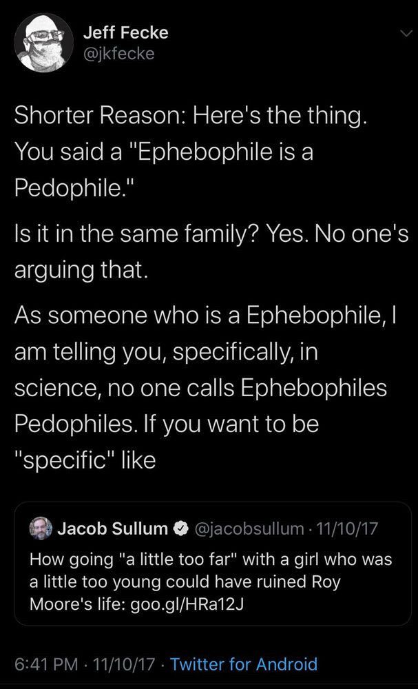 Jeff Fecke tweet trying to argue a difference between two types of child rapists, arguing that one type of child rapist isn’t as bad, assumedly he is of that type