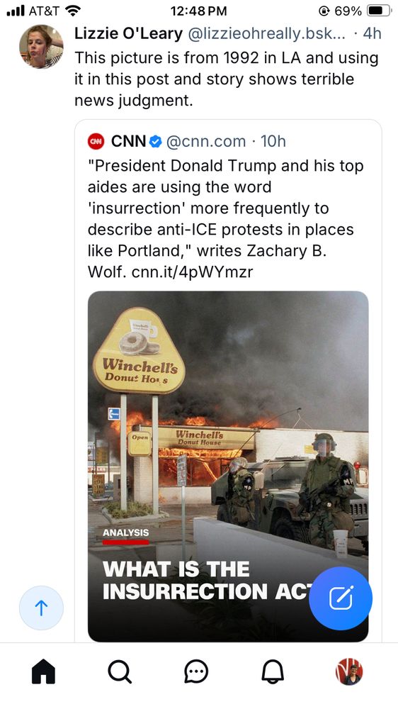 Screen shot of CNN post quoting Trump about Portland’s insurrection, using a 1993 photo from LA during the post-Rodney King beating uprising.