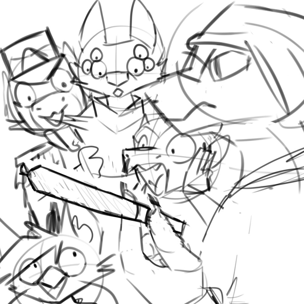Sketch featuring: Eris, Ynka, D'metri and Neji looking amazed at a perfectly rolled blunt in dr Tscythonne's claw - meme from a blades in the dark campaign