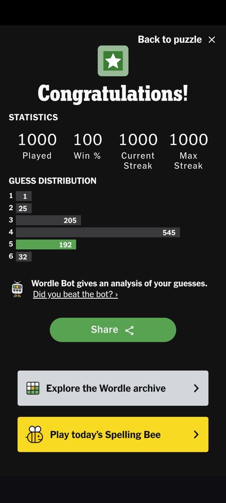Screen capture of Wordle stats showing 1000 games played and won (not using hard mode). Actual streak was longer but lost early ones after a phone change.