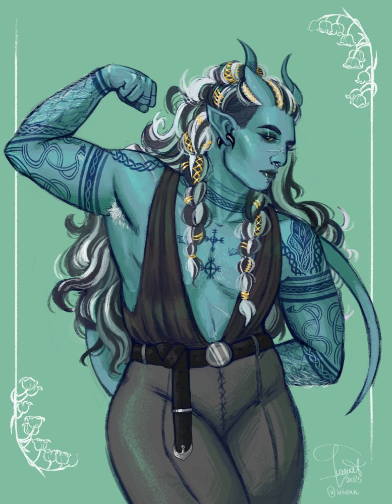 Hot buff tiefling lady, with light blue skin and black and white hair. She's posing showing off her bicep. 