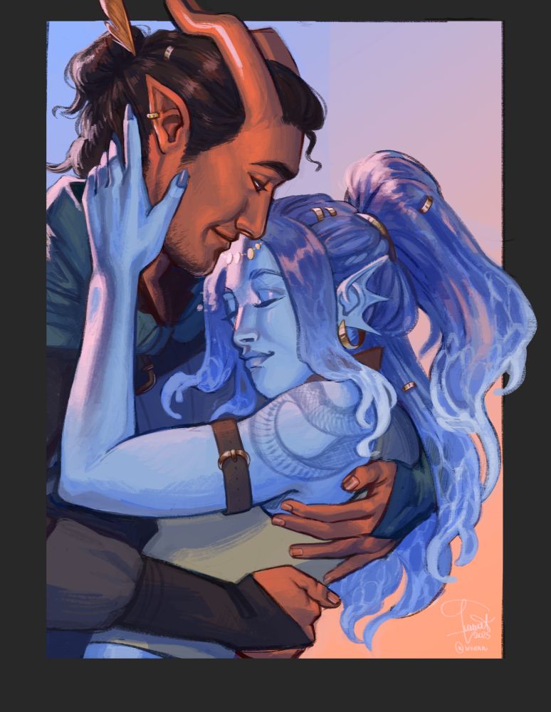 couple embracing, the tiefling man has red skin and horns, the water genasi woman has blue skin and hair that looks like water tied in a half up half down hairdo. She has her eyes closed and a snake tattoo on her shoulder. He's looking at her lovingly.