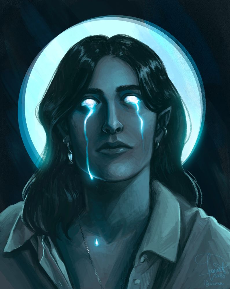 Art of a man with shoulder length black hair. His eyes glow with a white light which steams down his face. An halo, radiating the same light, is flickering behind him.