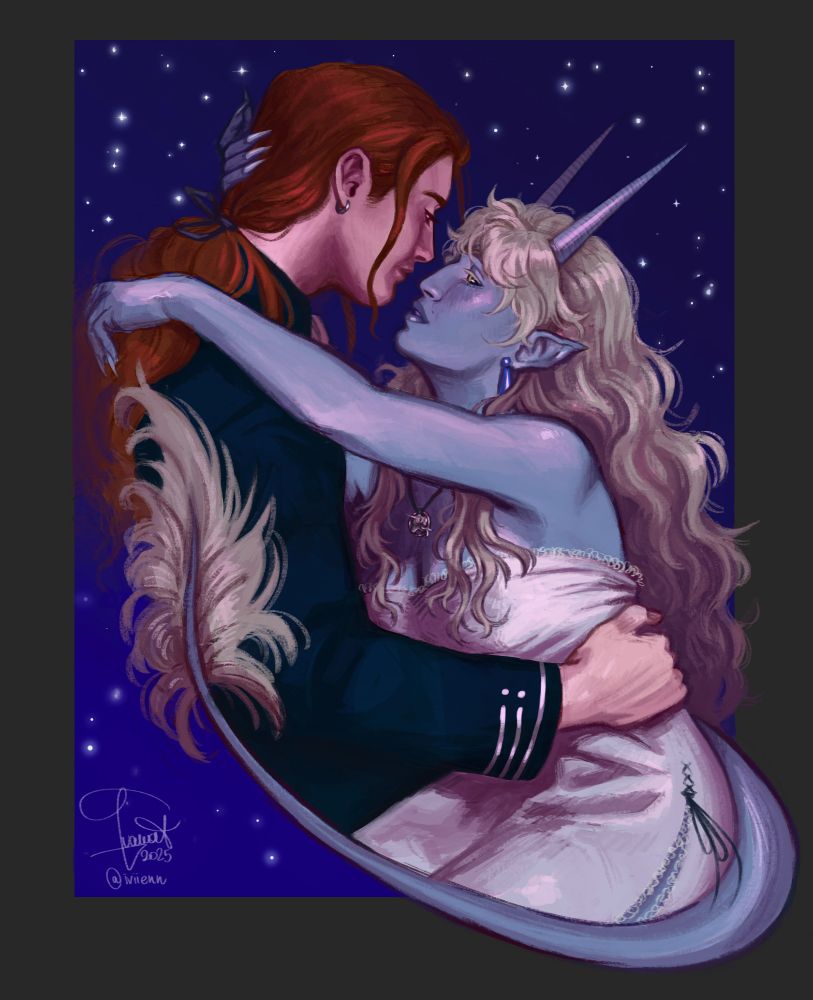 Digital art of a couple embracing while looking at each other in the eyes, the human (Renaer) has long red hair tied in an elegant ponytail, he's dressed in a dark suit with silver embroidery. The tiefling (Jem) is wearing a light dress, a holy symbol and a pair of blue earrings. 