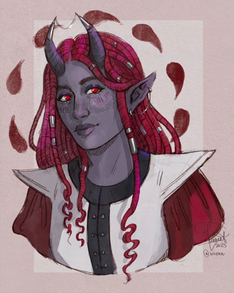 Half-body of a young tiefling girl with greyish purple skin and red locs. She has small upturned horns and red eyes.