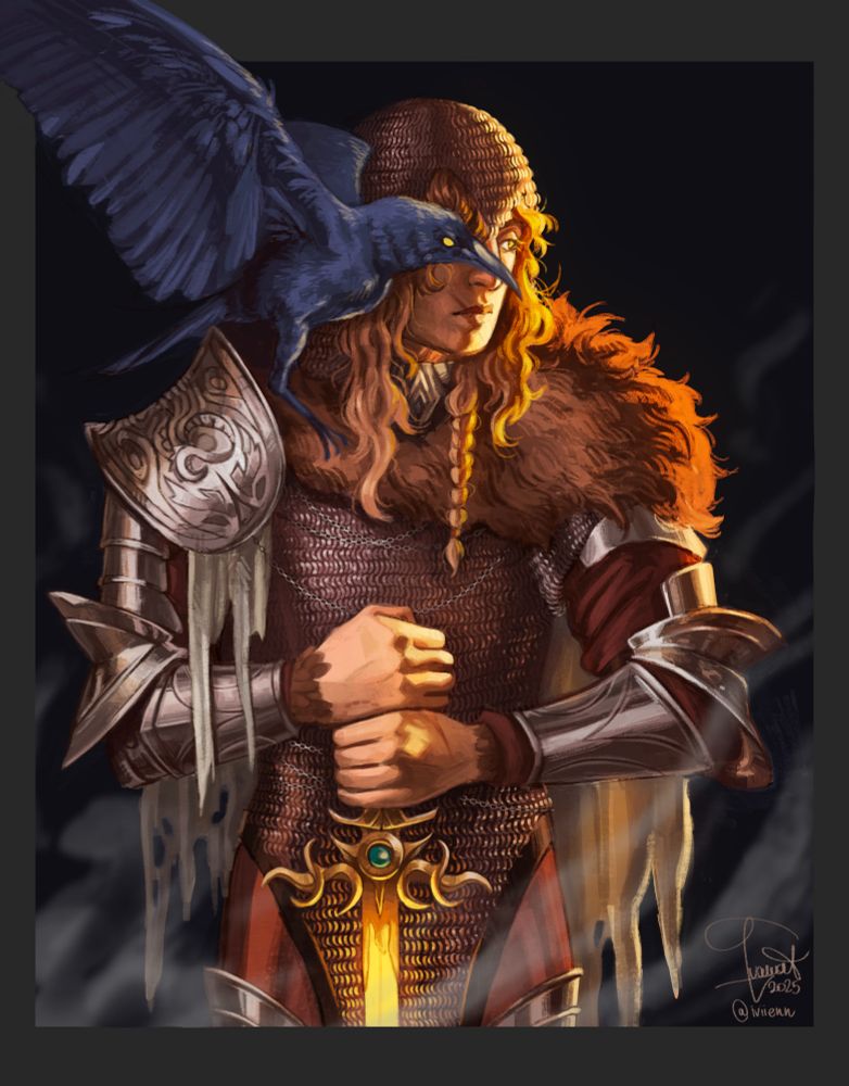 A paladin looking to the right, the left side of his face hidden by a crow with open wings. The paladin has wavy, light hair and is wearing a chainmail with a fur cape and an ornamental pauldron. Both his hands are holding a sword with a blade made of light, and the mist seems to be rising 