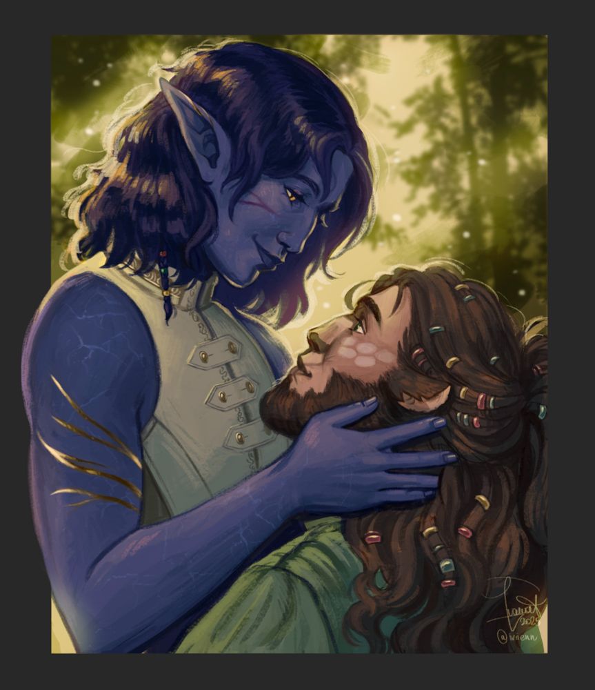 couple holding each other. Fenn is the blue skinned elf, he's holding his partner's face in his hands and looking at him with a loving gaze. Njall is looking up at him mirroring his loving look. In the background there's a blurry forest, the light is passing trough the leaves 