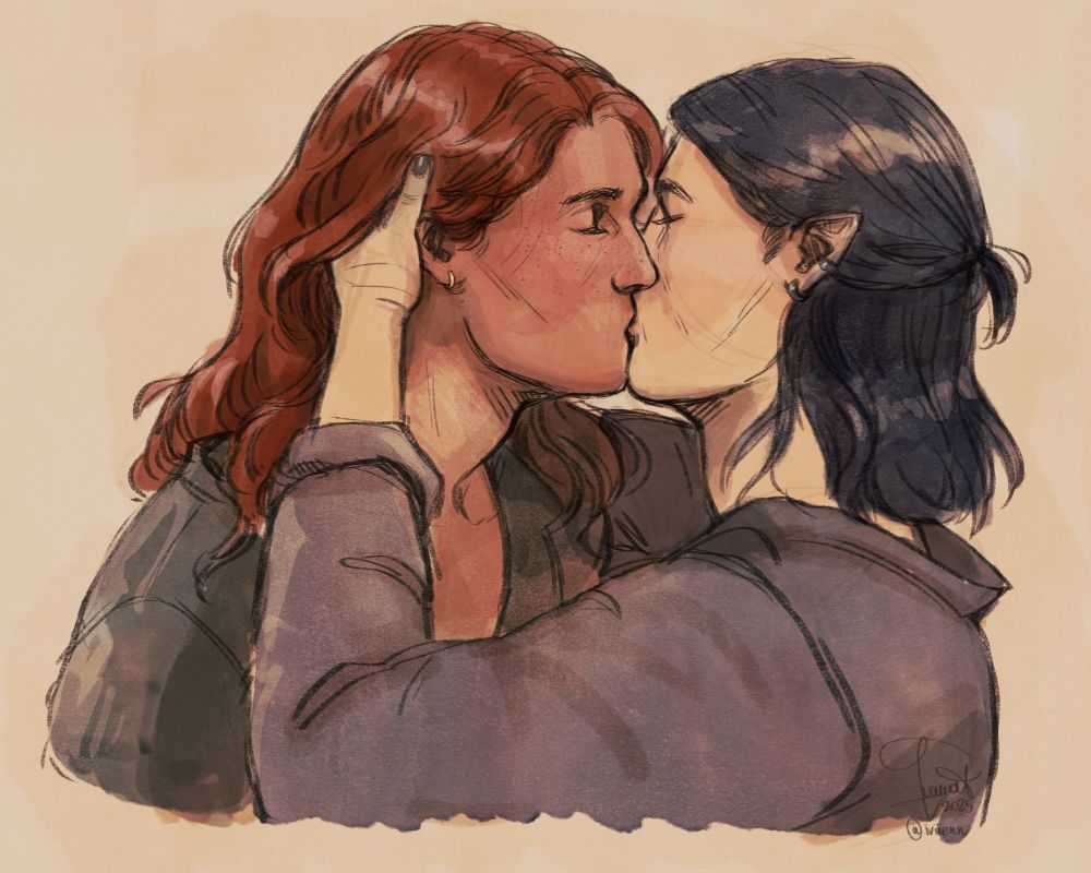 Sketchy art of Arren and Renaer kissing. One of Arren's hands is resting in Renaer's long red hair and they both have their eyes closed. Renaer is a human with tan skin and freckles, while arren is an aasimar with pointy ears and darker hair. They're both dressed in dark colors