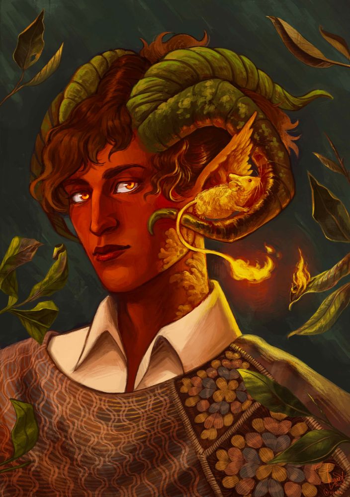 Portrait art of a red skinned tiefling with brown hair and two sets of horns; a little fire mouse is cuddled up in the loop of his horn. The mouse's tail is setting some nearby leaves on fire.